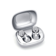 Silver wireless earbuds in a heart-shaped charging case on a white background white gold jewelry design