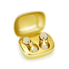 Gold wireless earbuds in a matching gold case on a white background jewelry like, diamond prong setting