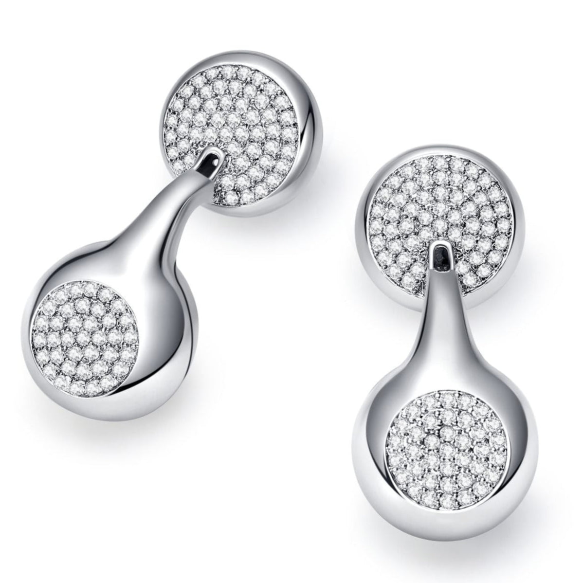 Pair of silver earrings like earphones earbuds with diamond-like stones on a white background