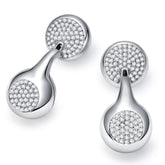 Pair of silver earrings like earphones earbuds with diamond-like stones on a white background