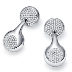 Pair of silver earrings like earphones earbuds with diamond-like stones on a white background