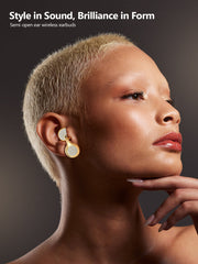 Woman wearing semi-open ear wireless earbuds with text 'Style in Sound, Brilliance in Form'.