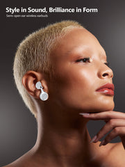 Woman wearing wireless earbuds with promotional text 'Style in Sound, Brilliance in Form' on a dark background.