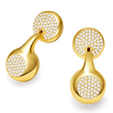 Gold earrings with diamond-studded circular designs on a white background