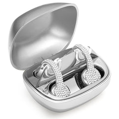 Silver wireless earbuds in a matching charging case on a white background