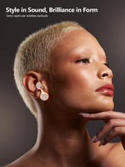 Woman wearing semi-open ear wireless earbuds with text 'Style in Sound, Brilliance in Form'.