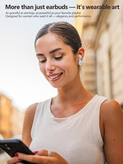 Woman wearing earbuds, holding a phone, with text about the product's features.