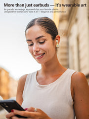 Woman wearing earbuds and earrings, holding a phone, with text about the product.