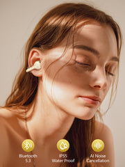 Woman wearing wireless earbuds with product features highlighted on a beige background