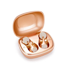 Rose gold wireless earbuds in a matching case on a white background