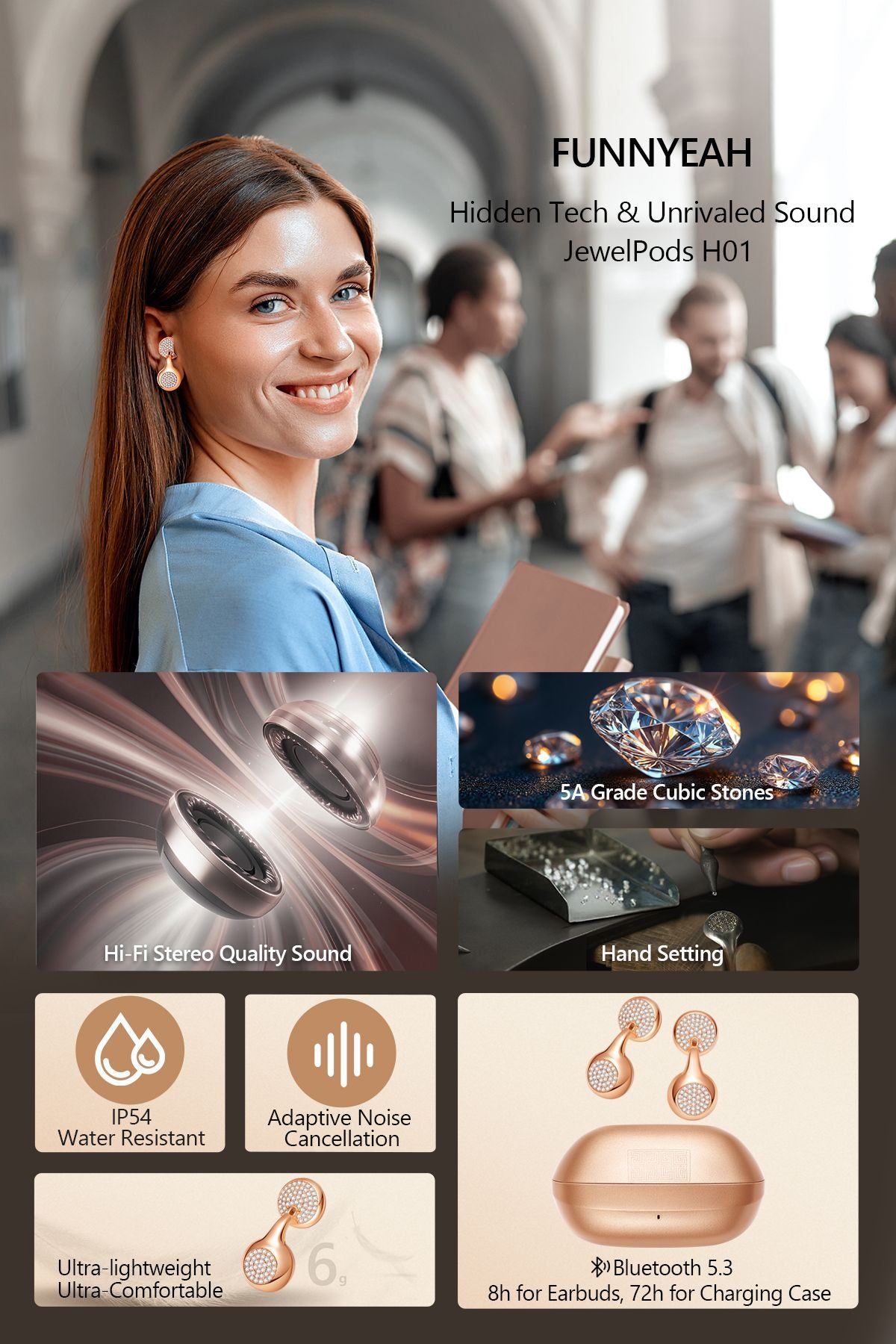 Woman using a smartphone with promotional text for FUNNYEAH JewelPods H01 earbuds.