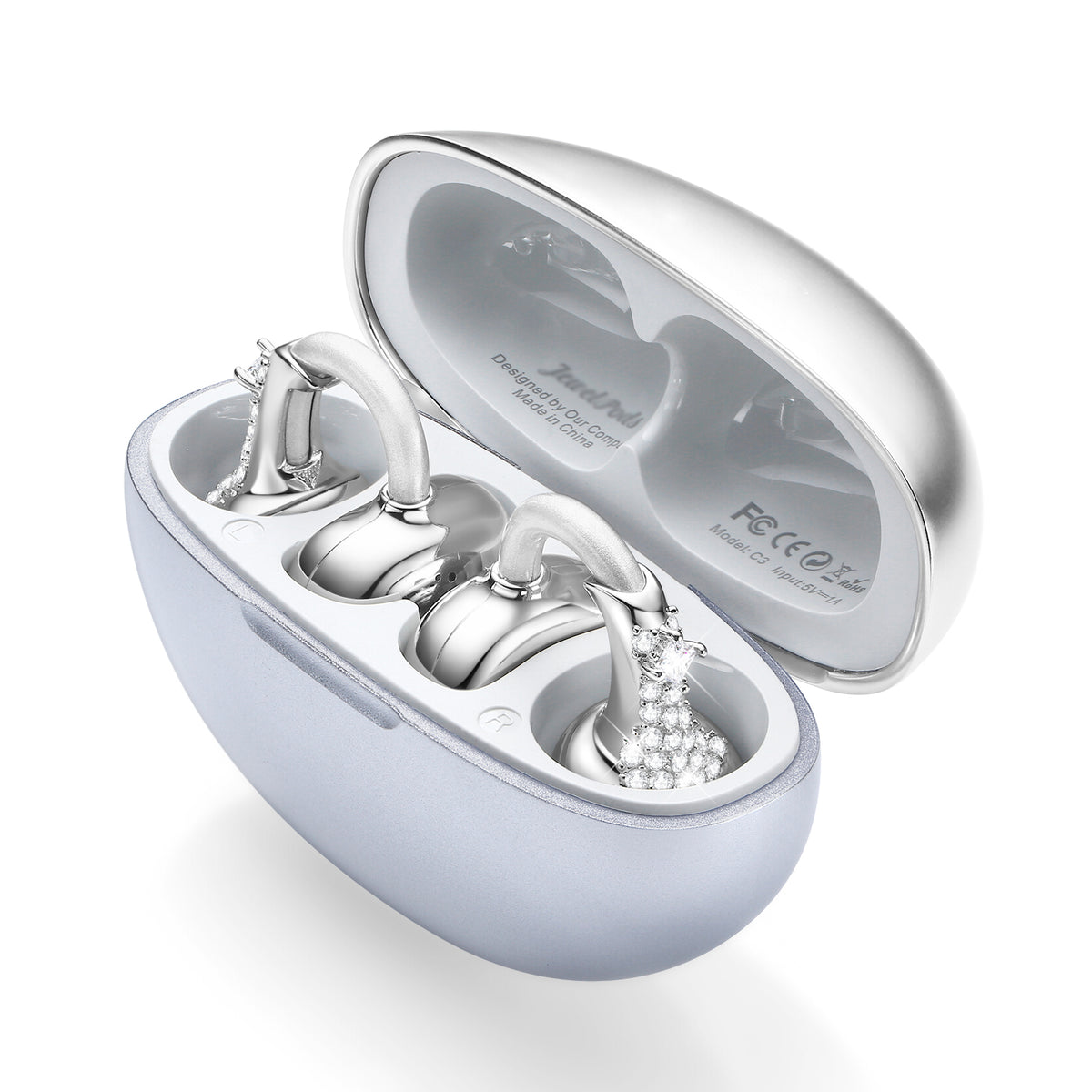 JewelPods C3 Silver.Wireless Earbuds, Jeweled Bluetooth Open-ear Headphones, Ultra-light Memory Wire Clip-on earbuds, Sweat and Water Resistant & 60 hrs Playtime, Premium Audio Comfort All-Day Wear