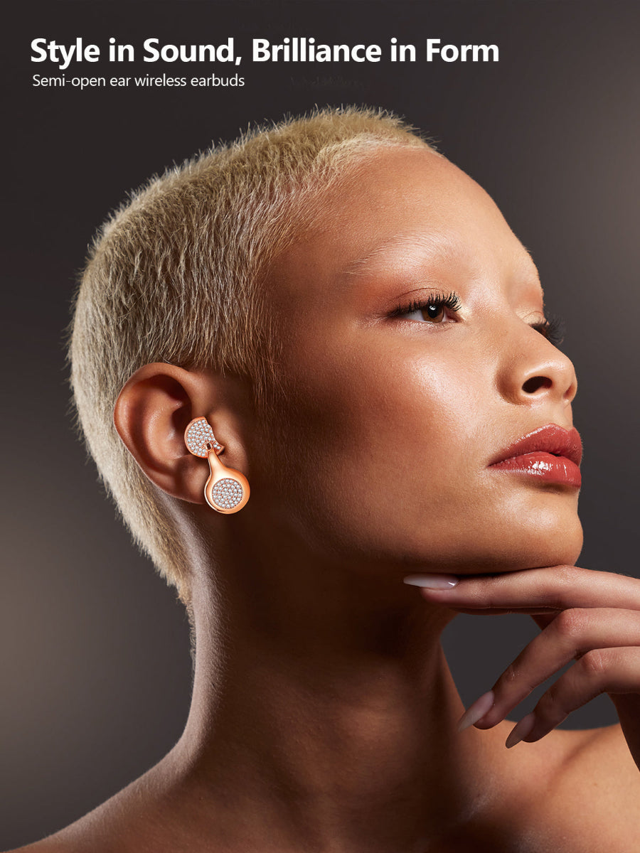 Woman wearing semi-open ear wireless earbuds with text 'Style in Sound, Brilliance in Form'.