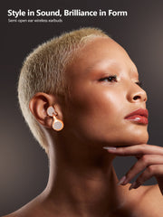 Woman wearing semi-open ear wireless earbuds with text 'Style in Sound, Brilliance in Form'.