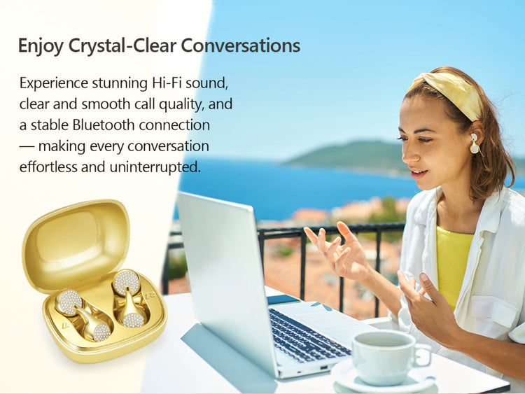 Woman using a laptop with gold earbuds in an open case, set against a scenic background.
