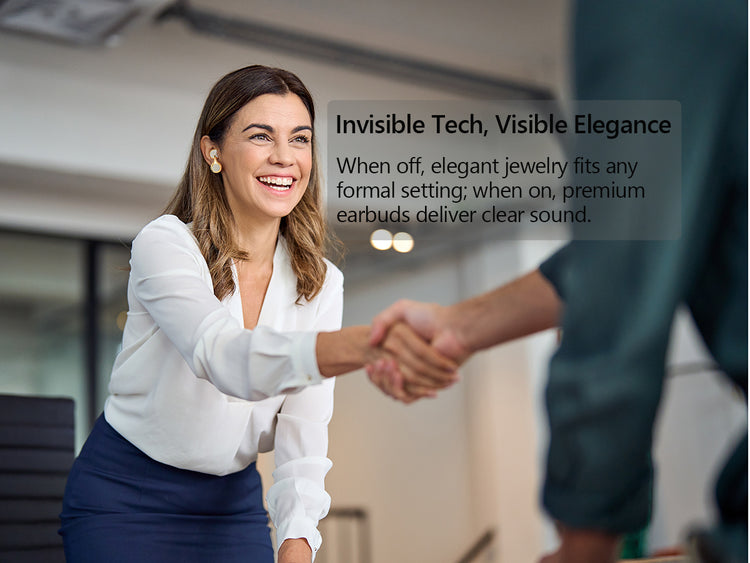 Woman in a professional setting shaking hands with another person, with text about invisible tech and visible elegance.