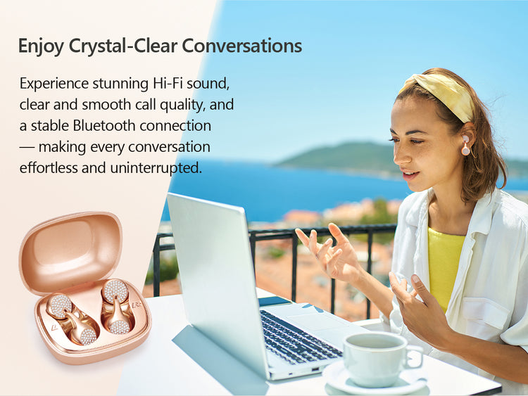 Woman using wireless earbuds with a laptop by a scenic location