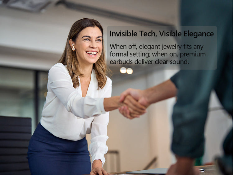 Woman in a professional setting shaking hands with another person, with text about invisible tech and earbuds.
