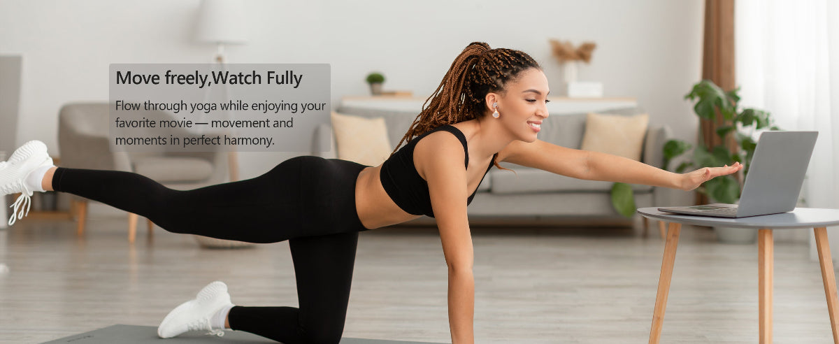 Woman exercising in a living room with text overlay about yoga and movement.