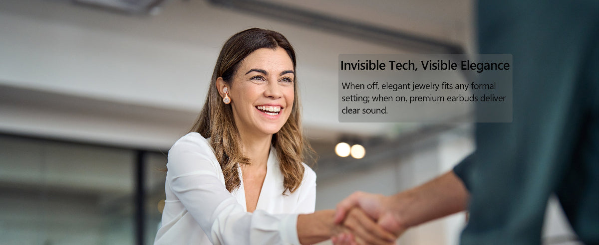 Woman shaking hands with a blurred person in an office setting, with text about Invisible Tech and Visible Elegance.
