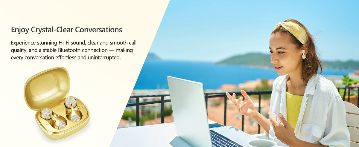 Woman using wireless earbuds with a scenic background, featuring text about crystal-clear conversations.