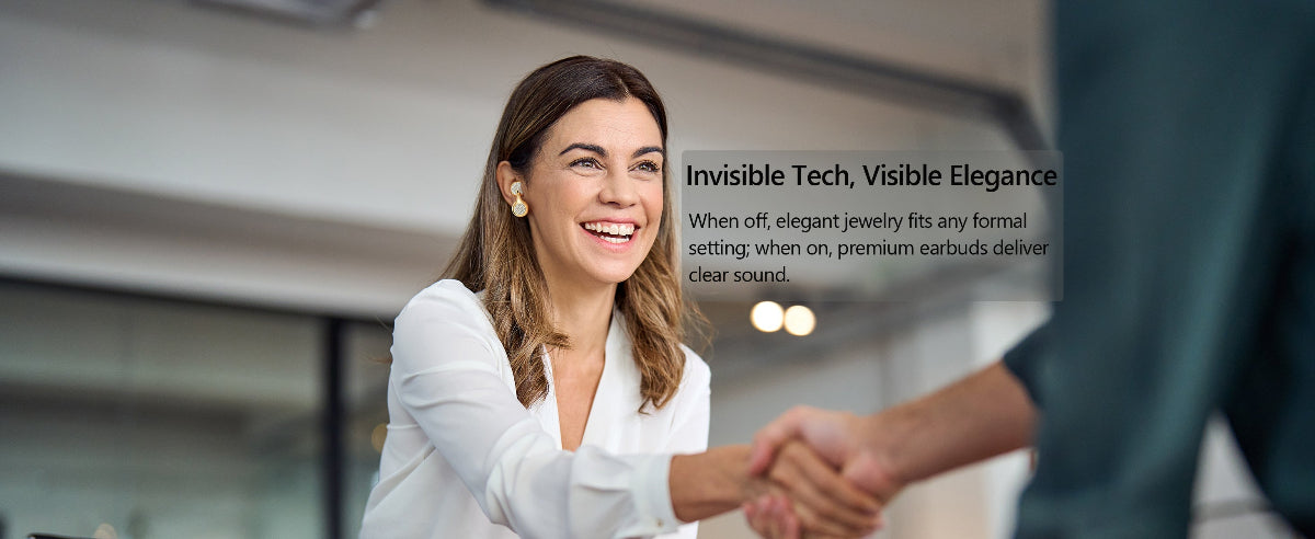 Woman in a white shirt shaking hands with another person, with text about invisible tech and earbuds.