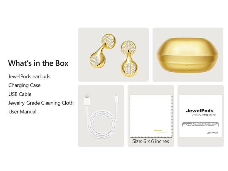 Product packaging for JewelPods earbuds with charging case, USB cable, cleaning cloth, and user manual.