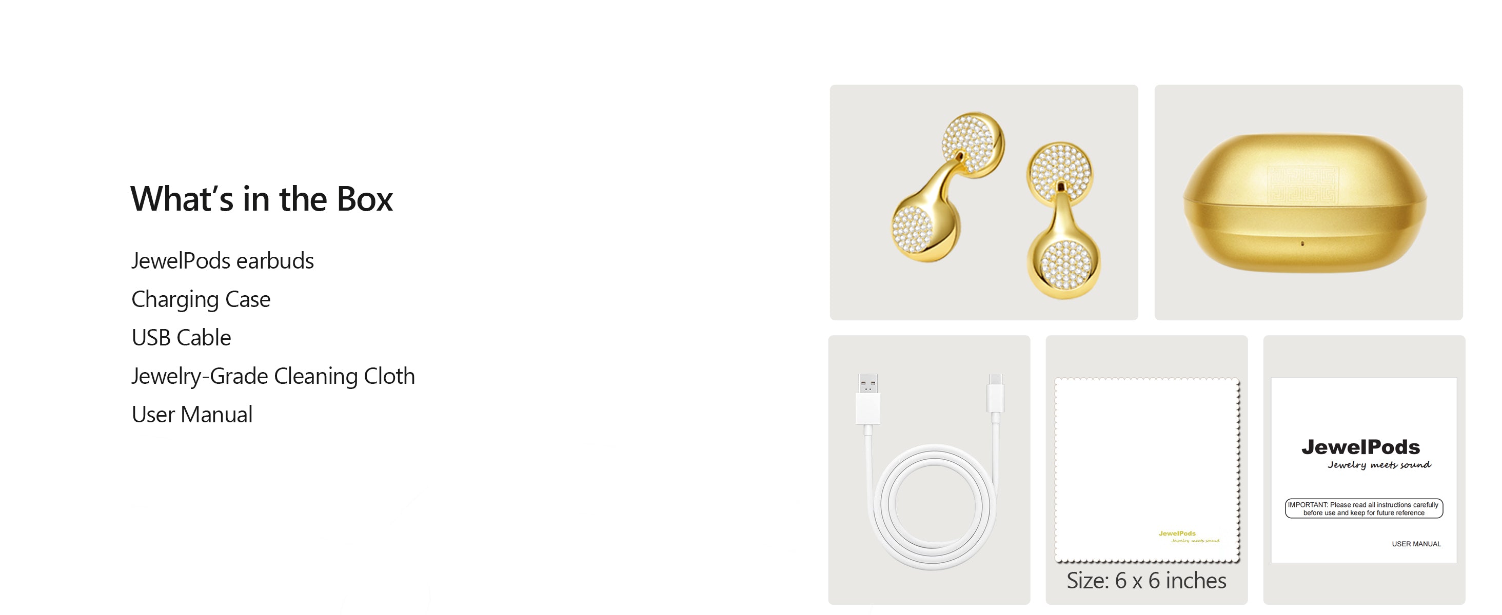 Product packaging with JewelPods earbuds, charging case, USB cable, cleaning cloth, and user manual on a white background.