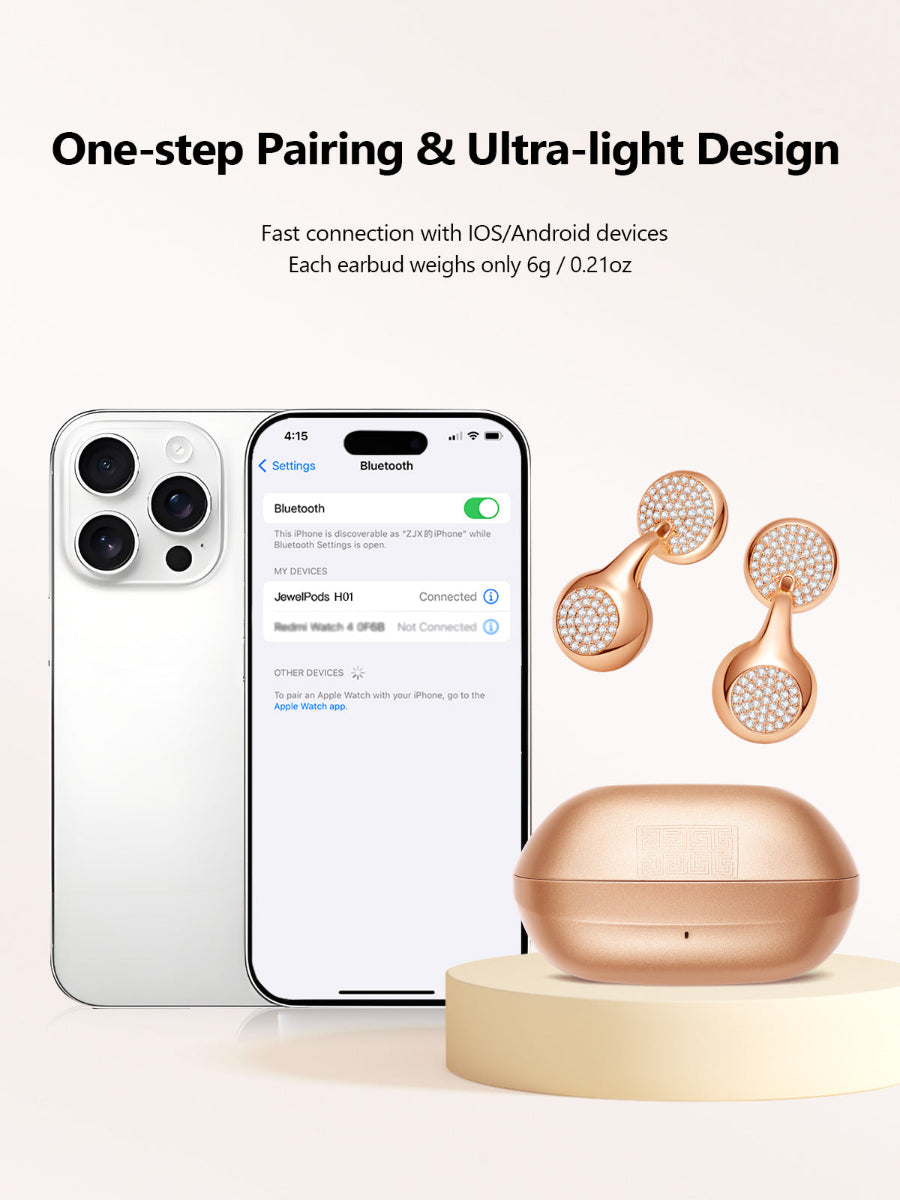 Wireless earbuds with charging case and smartphone displaying Bluetooth connection on a light background
ultra light and fast pairing 