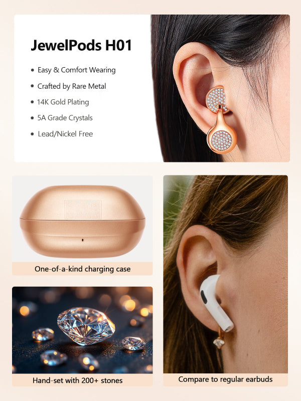 JewelPods H01 earbuds with charging case and crystal details.
