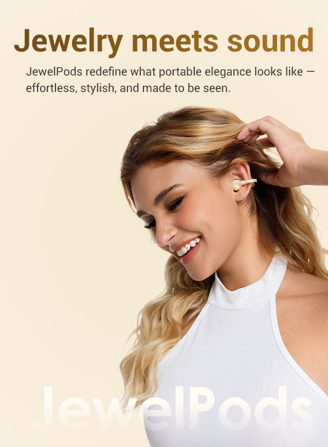 Woman wearing JewelPods with text highlighting their design and features on a beige background
Jewelry meets sound JewelPods redefine what portable elegance looks like — effortless, stylish, and made to be seen.
