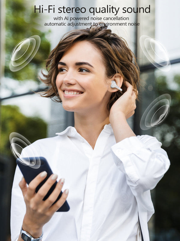 Woman wearing wireless earbuds with text about Hi-Fi stereo quality sound and AI noise cancellation.
