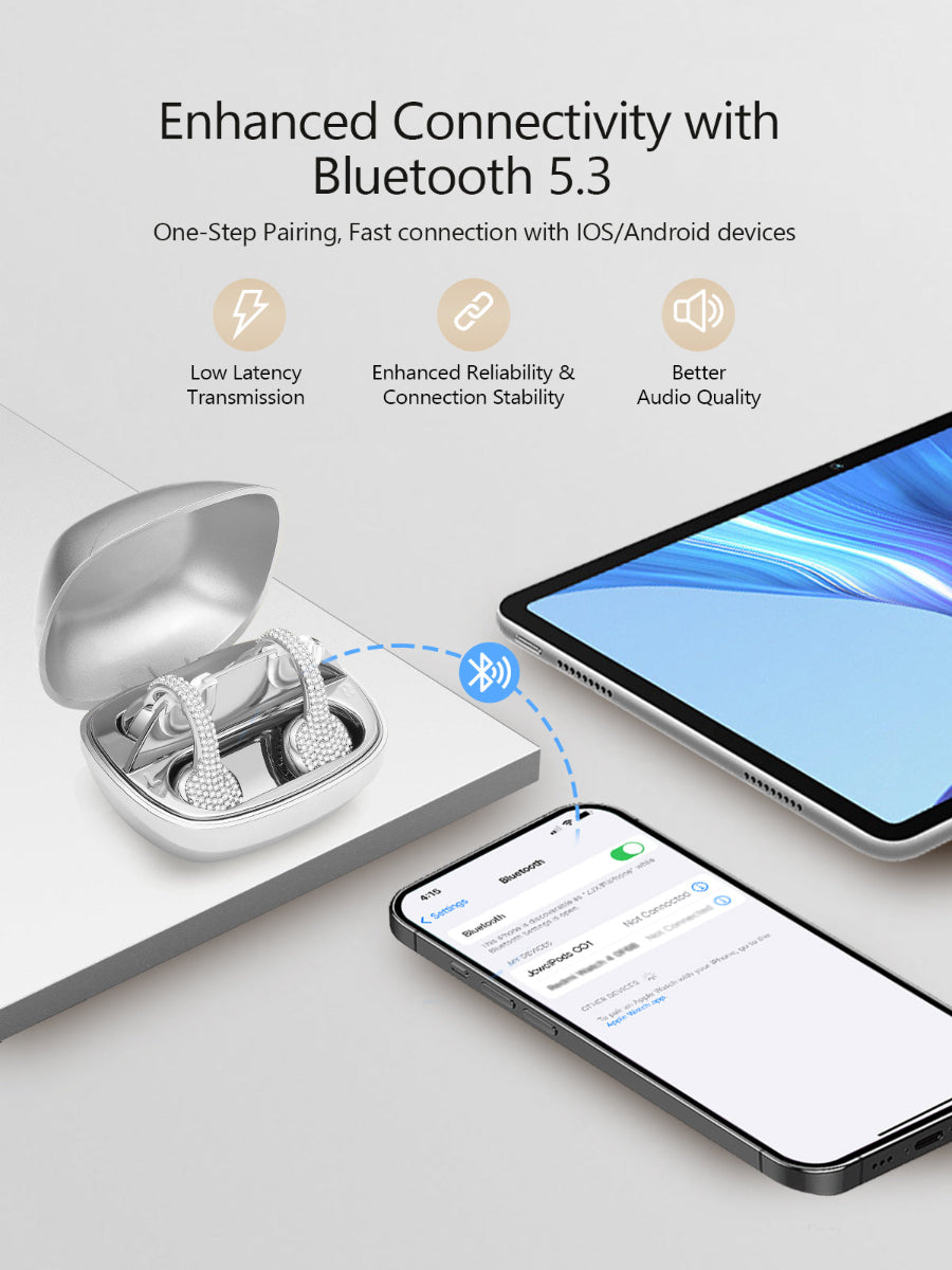 Wireless earbuds in a case with smartphone and tablet displaying Bluetooth connection on a light gray background