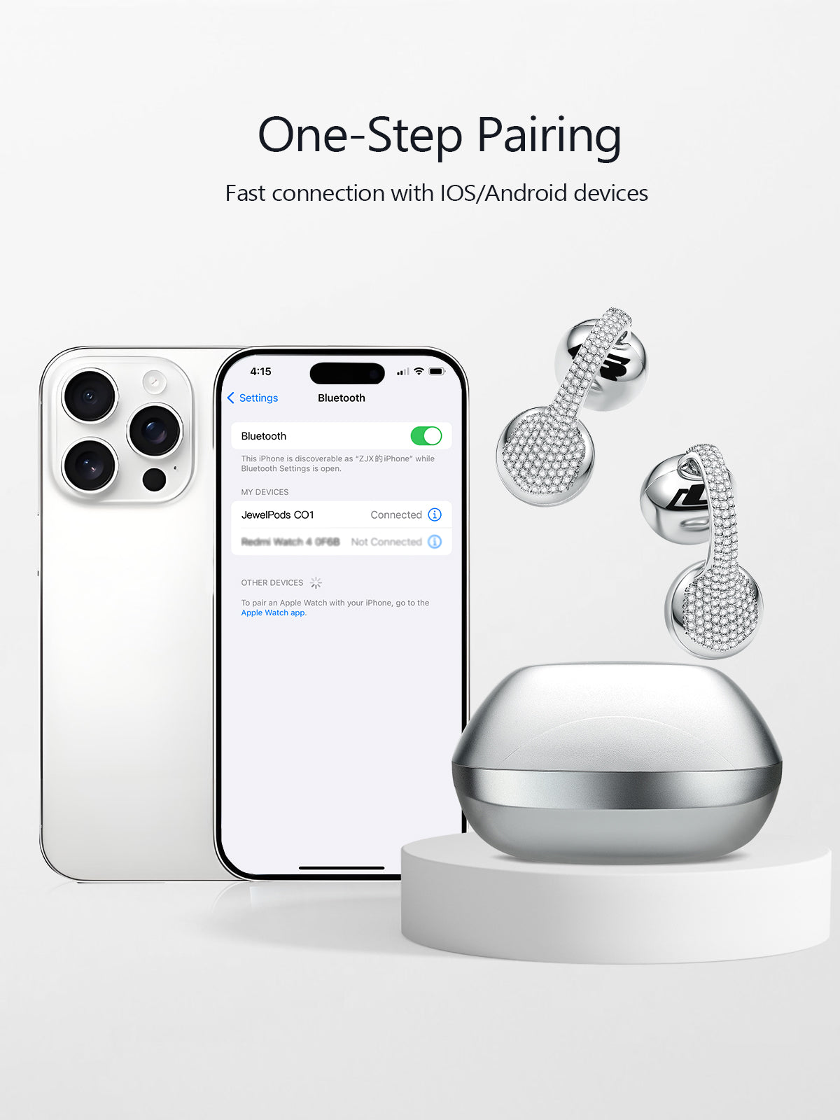 Wireless earbuds with smartphone showing Bluetooth connection on a white background