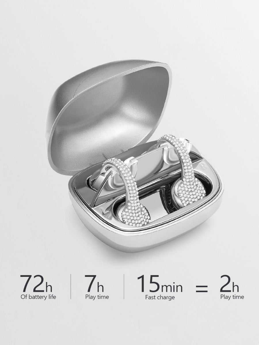 Wireless earbuds in a charging case with battery life and charging time information on a light gray background.